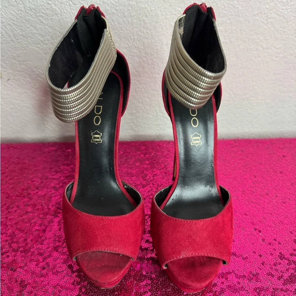 ALDO 🌹 Red Peep-Toe Stiletto Platform Heels, Golden Ankle Strap (Women’s Size 7) - Picture 8 of 14